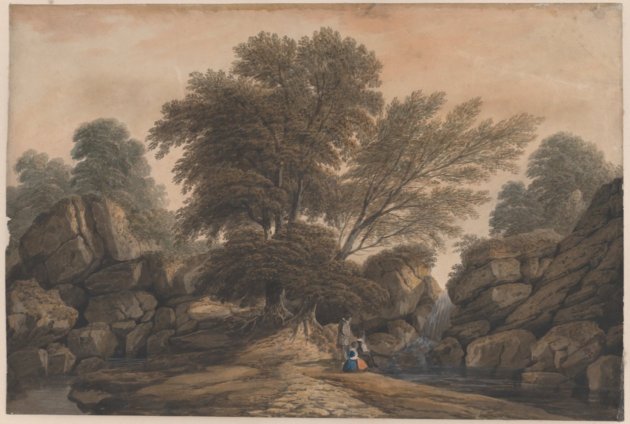 Figuras junto a una cascada y un estanque en un paisaje boscoso de John Varley