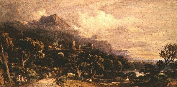 Paisaje con castillo y montaña de John Varley