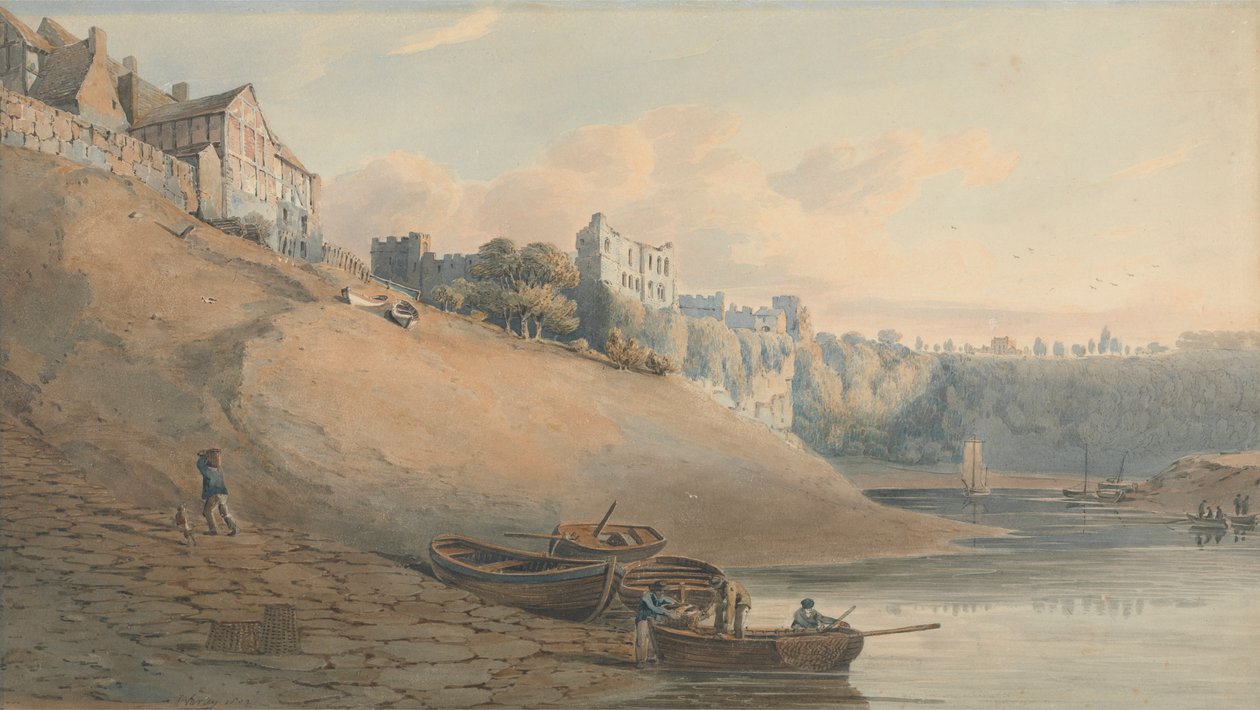 Vista del castillo de Chepstow, Monmouthshire, desde debajo del puente de John Varley