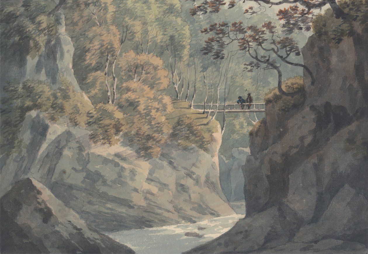 Puente alpino y paisaje boscoso cerca de Pistil y Maw de John Warwick Smith