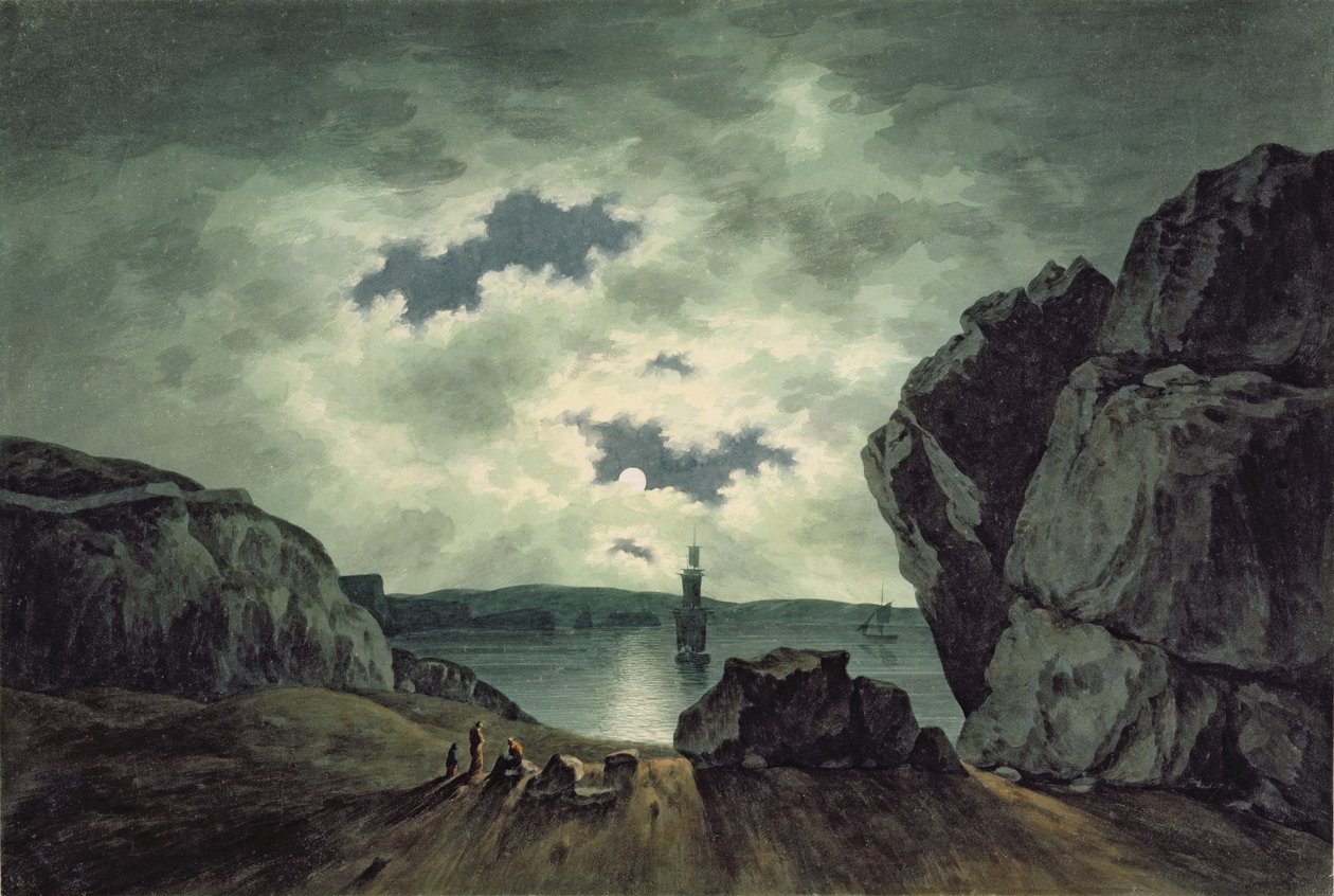 Escena de bahía a la luz de la luna de John Warwick Smith