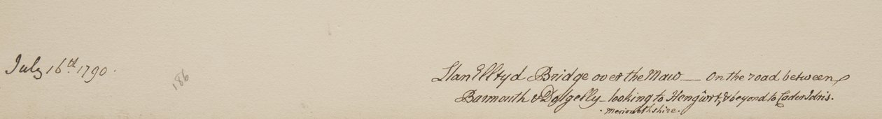 Puente Llanelltyd sobre el Maw, en el camino entre Barmouth y Dolgellau, mirando hacia Hengwrt y más allá hacia Cader Idris, Merionethshire, 16 de julio de 1790 de John Warwick Smith