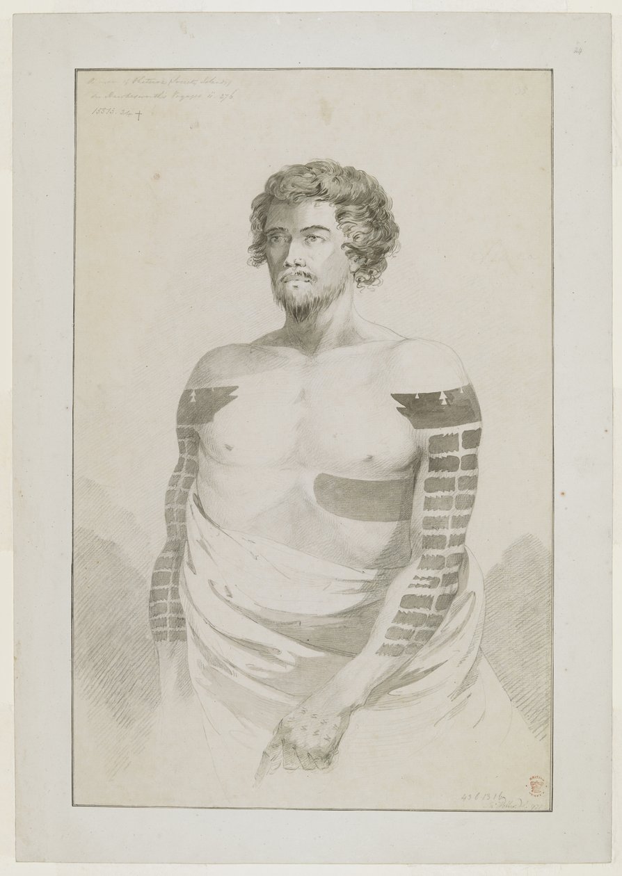(Dibujo entero) Retrato de un Jefe de Borabora, [¿Puni?]; un hombre barbudo con los brazos fuertemente tatuados con parches rectangulares planos, y un gran parche en su lado izquierdo. Diciembre de 1777 de John Webber