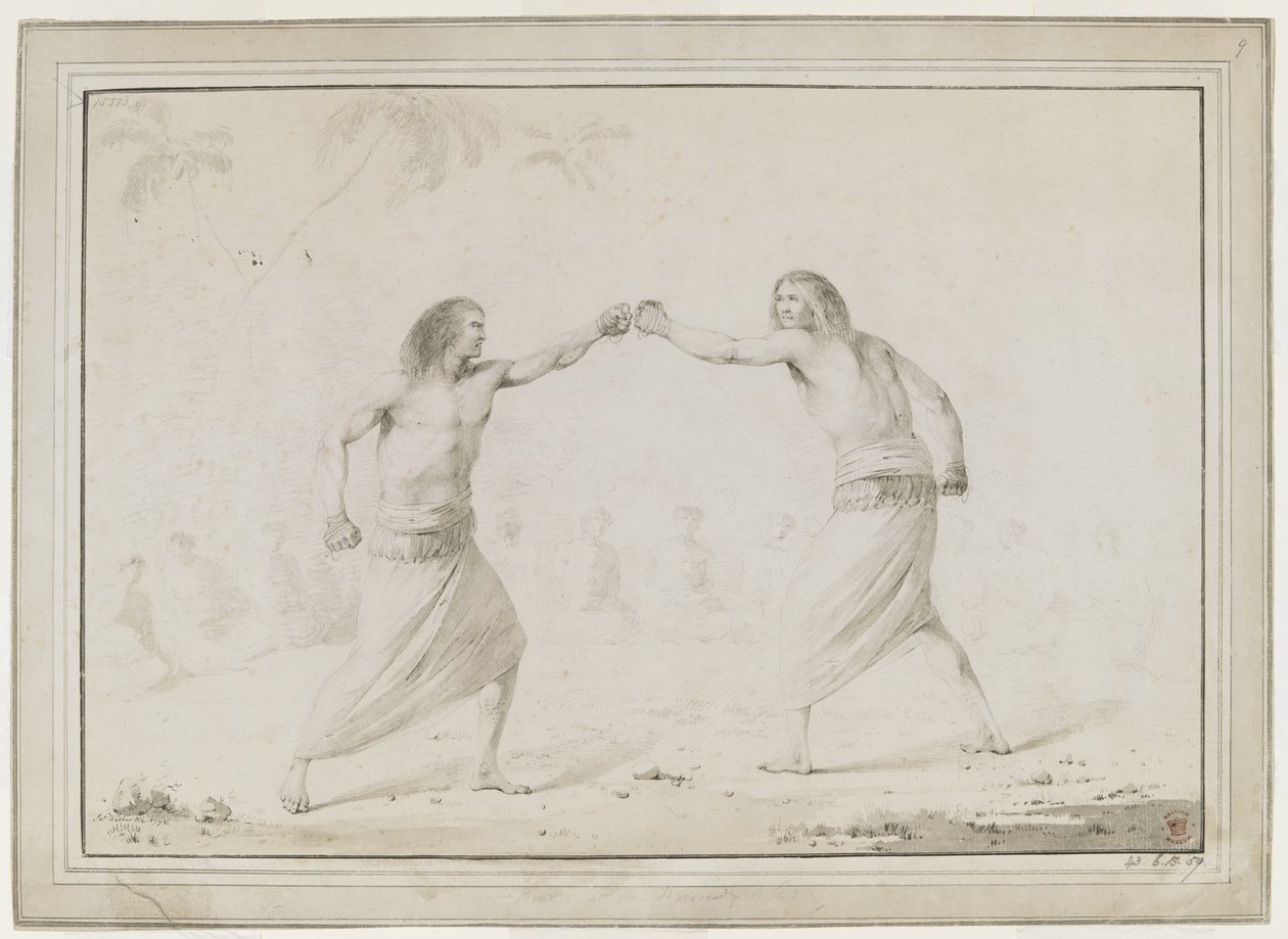 (Dibujo entero) Dos hombres boxeando, con espectadores sentados en semicírculo y palmeras esbozadas tenuemente al fondo. de John Webber