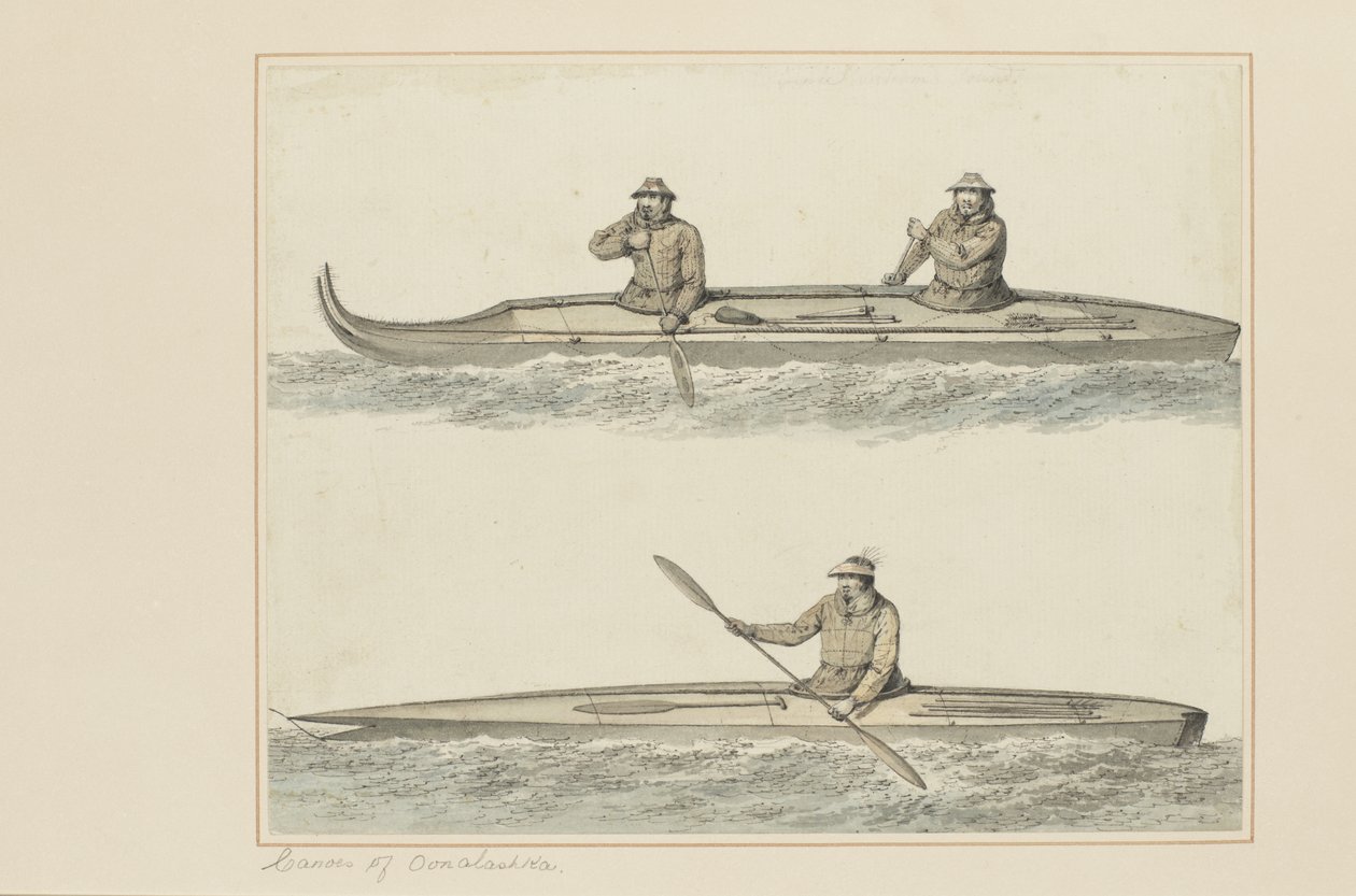 30: Canoas de Oonalashka, de una serie de acuarelas que ilustran el último viaje del Capitán Cook de John Webber