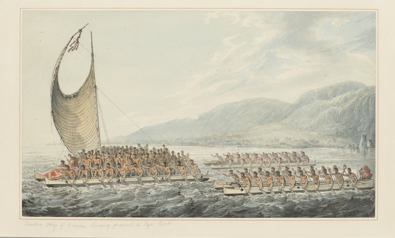 Tereoboo, Rey de Owyhee, trayendo regalos al Capitán Cook, de una serie de acuarelas que ilustran el último viaje del Capitán Cook, c.1773-84 de John Webber