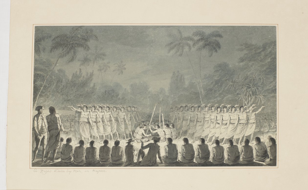 5: Una danza nocturna por hombres, en Hapaee, de una serie de acuarelas que ilustran el último viaje del Capitán Cook, c.1773-84 de John Webber