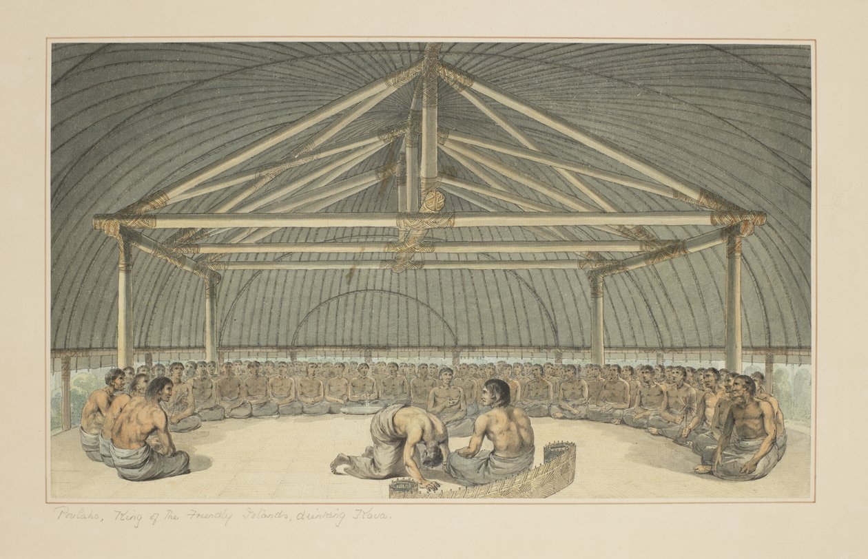 7: Poulaho, Rey de las Islas Amistosas, bebiendo Kava, de una serie de acuarelas que ilustran el último viaje del Capitán Cook, c.1773-84 de John Webber