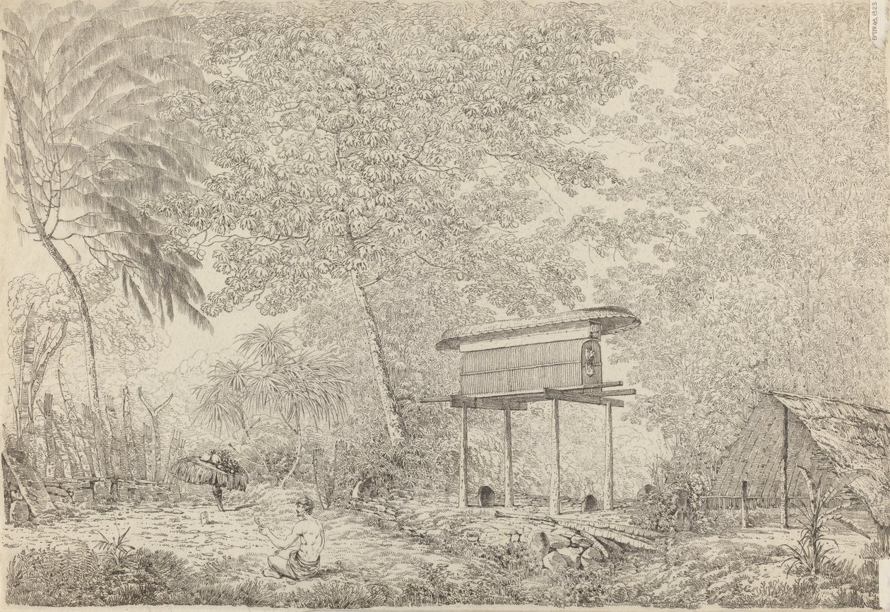 Toopapapoo de un jefe, con un sacerdote haciendo su ofrenda a los morai, en Huoheine. de John Webber