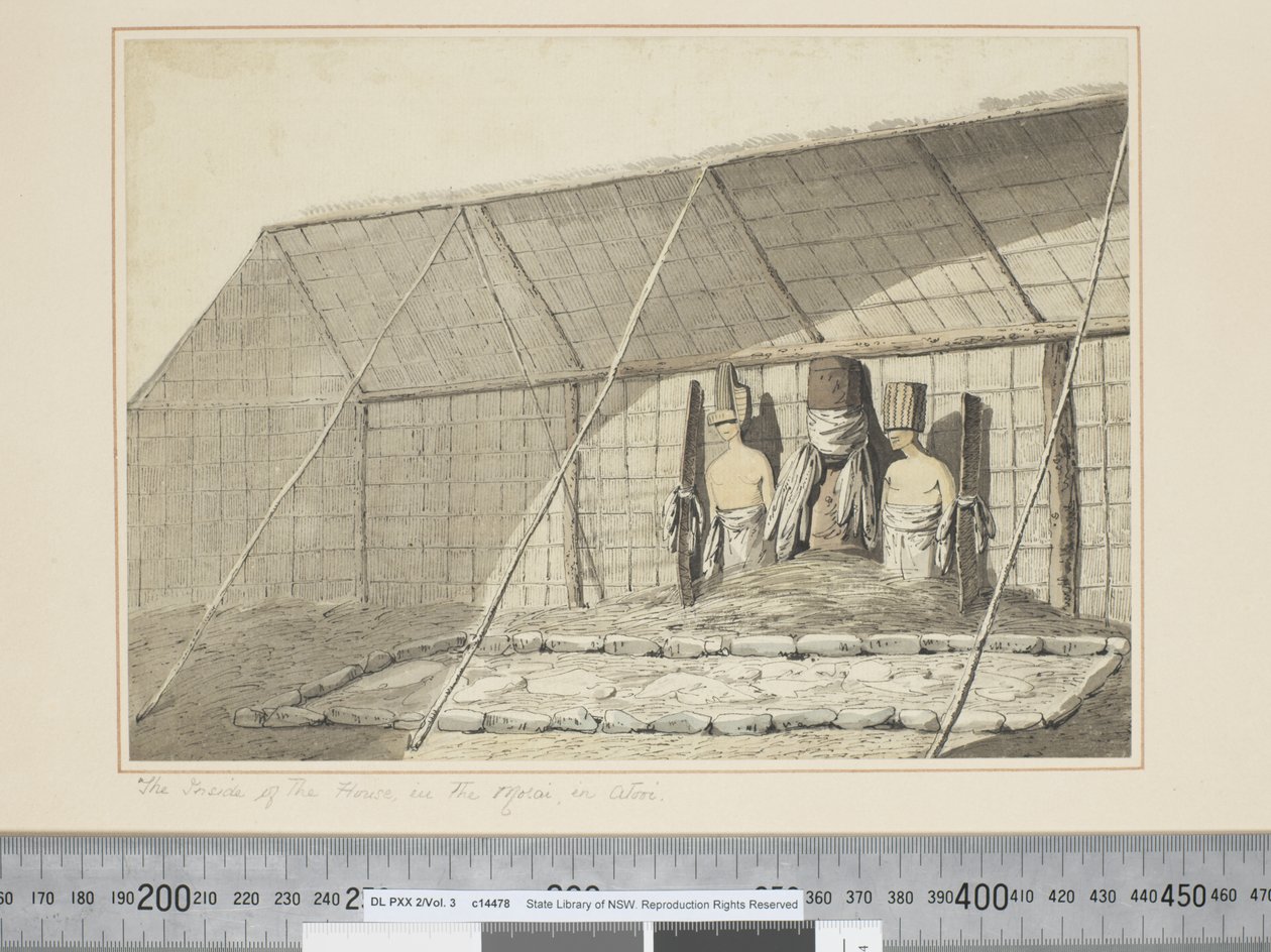 F.18 El interior de la casa, en el Morai, en Atooi, c.1773-84 de John Webber