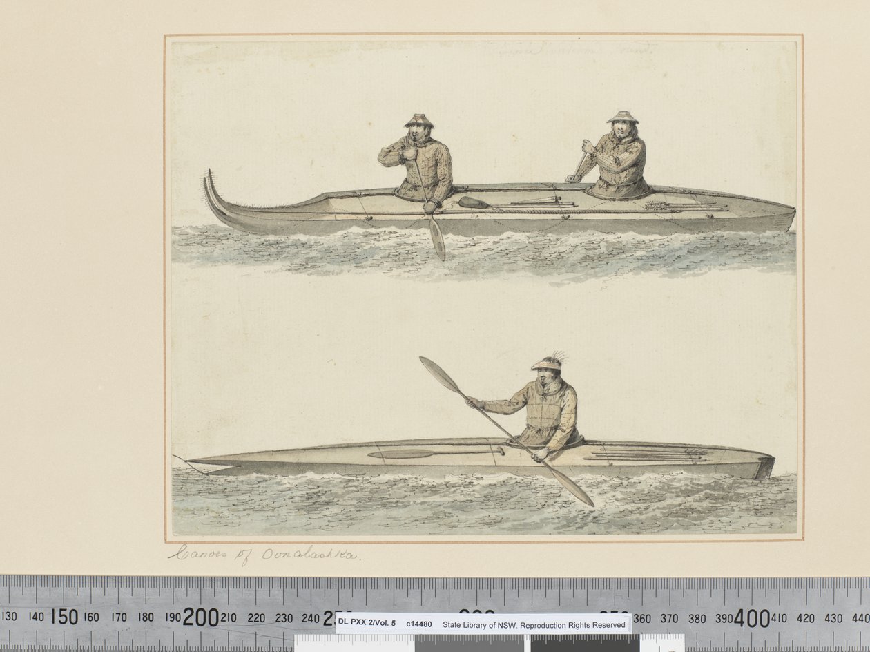 F.30 Canoas de Oonalashka, Sonido del Príncipe Guillermo, c.1773-84 de John Webber
