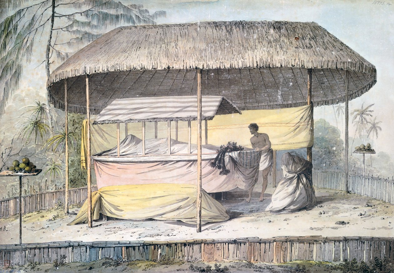 Funeral con difunto bajo dosel, Tahití, Islas de la Sociedad, acuarela de John Webber (1750-1793) de la descripción del último viaje del Capitán James Cook (1776-1779), Polinesia de John Webber