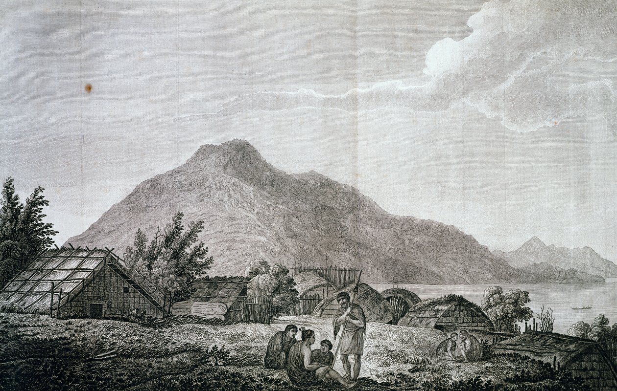 Dentro de hippah en la isla de Motuara, basado en dibujo de John Webber (1750-1793), del relato del último viaje de James Cook (1776-1779), grabado de John Webber