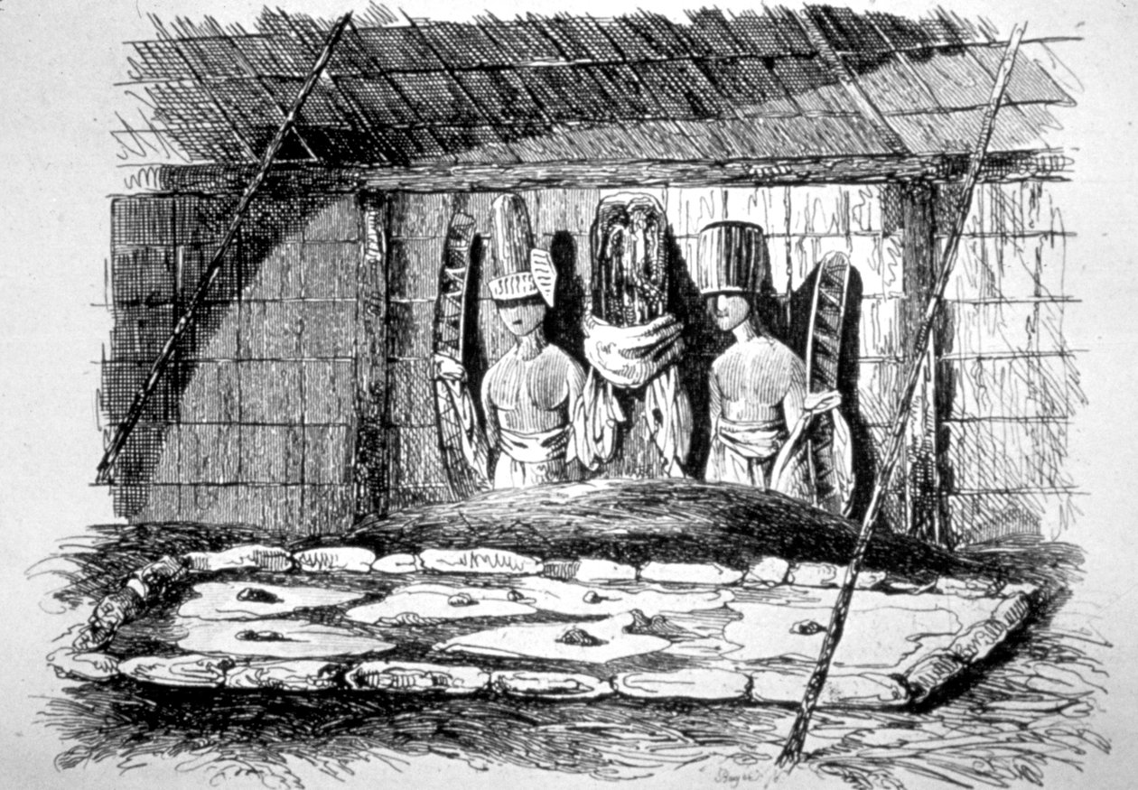 Interior de una cabaña funeraria, Tahití, siglo XVIII de John Webber