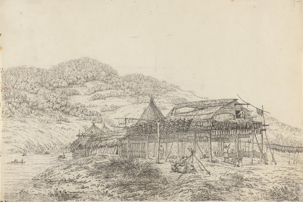 Los balaganes o viviendas de verano, con el método de secado del pescado, en San Pedro y San Pablo, Kamtschatka de John Webber