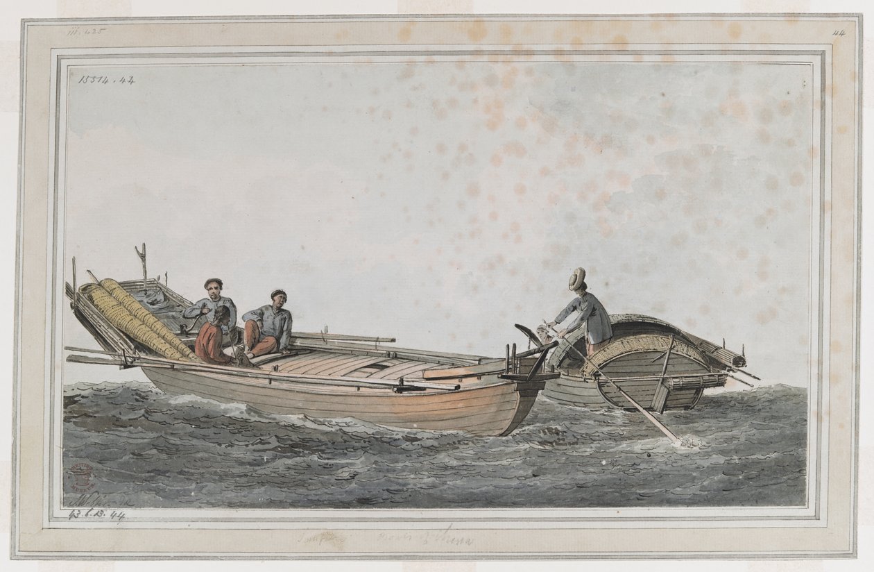 Dos botes pequeños, con tres figuras en uno y dos en el otro. de John Webber