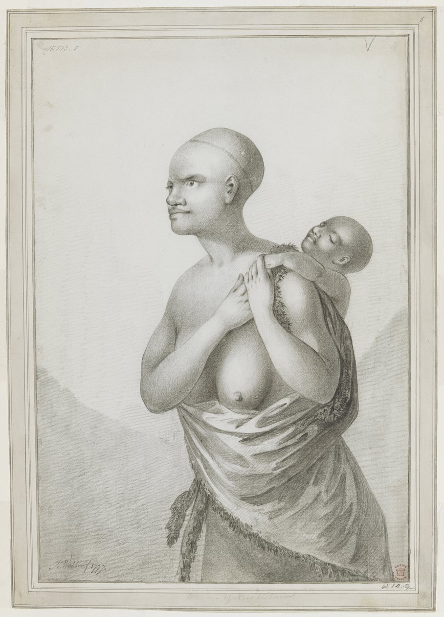 [Dibujo completo] Una mujer de Tasmania lleva un niño a la espalda, con una piel colgada del hombro izquierdo sobre la cintura. Enero de 1777 de John Webber