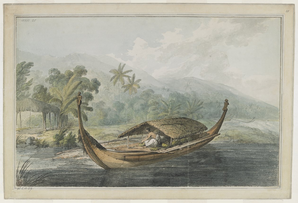 [Una canoa de Ulietea [Raiatea]. Un hombre, con cestas nativas, está sentado sobre las tablas de un balancín "pahi", que tiene un techo de paja. La cabeza y la popa están coronadas por una figura ti