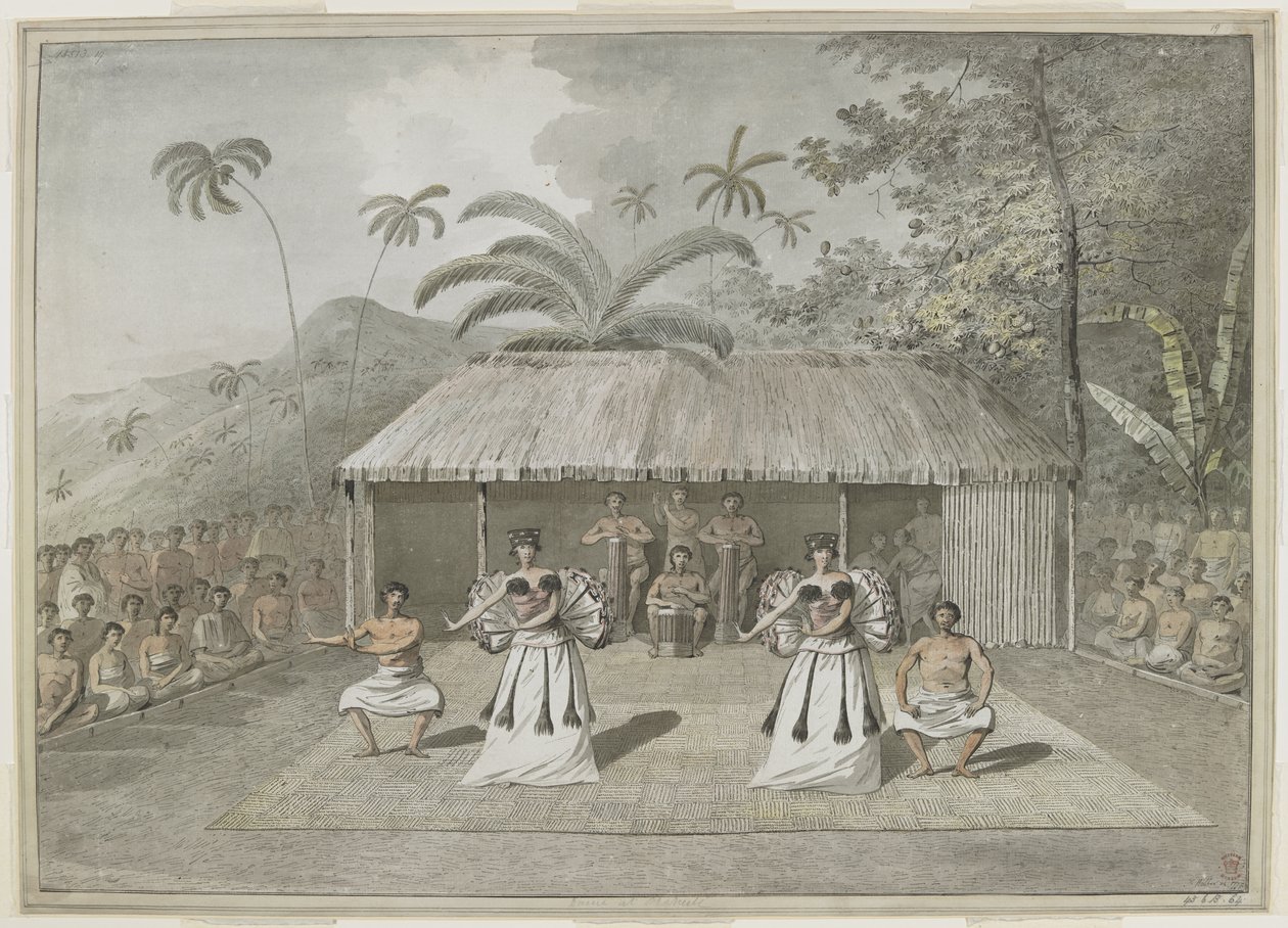 [Un baile o heiva en Otaheite [Tahití]. Dos hombres y dos mujeres bailando, con tamborileros detrás y espectadores a ambos lados. Septiembre de 1777 de John Webber