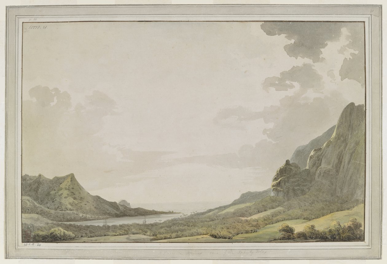 [Dibujo completo.] Vista desde el puerto de Aimeo [bahía de Papetoai] mirando hacia el mar; los mástiles del "Resolution" y del "Discovery" son visibles en la bahía. El capitán Cook visitó Moorea en octubre de 1777 de John Webber