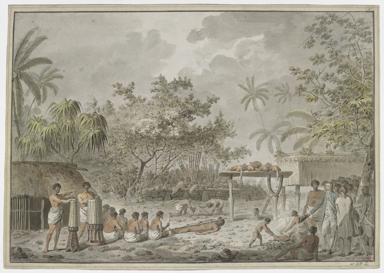 [Sacrificio humano en el gran morai de Attahouroo [Utuaimahurau], Tahití, presenciado por el capitán Cook el 1 de septiembre de 1777. Una figura atada en primer plano, con hombres cavando un hoyo para el cuerpo detrás, y la whatta conteniendo dos perros y  de John Webber