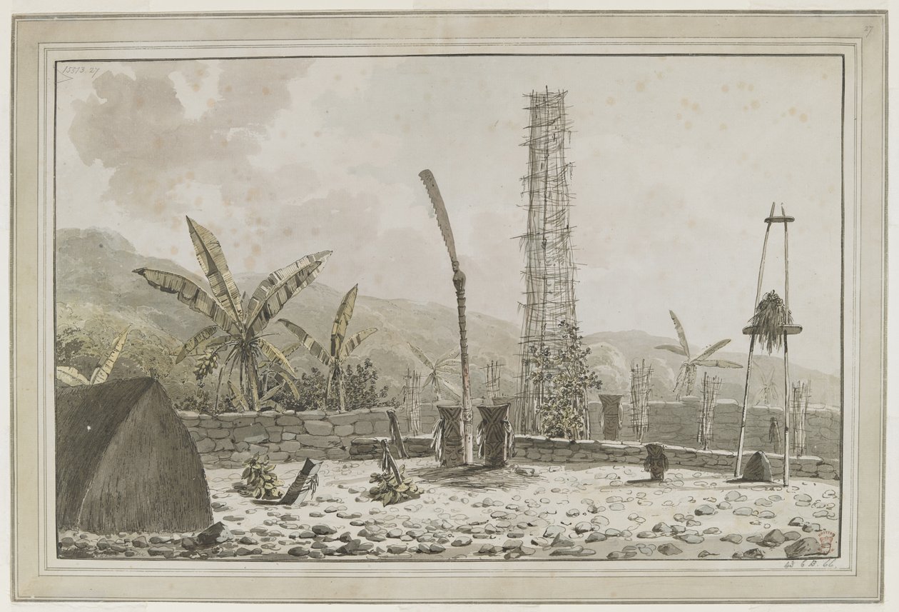 [Dibujo completo] Vista de un "morai" o lugar de enterramiento en Atooi [Kauai, islas Hawaii], que incluye una larga casa y una alta torre calada dentro de un recinto amurallado. Descrito en el diario del capitán Cook el 21 de enero de 1778 de John Webber