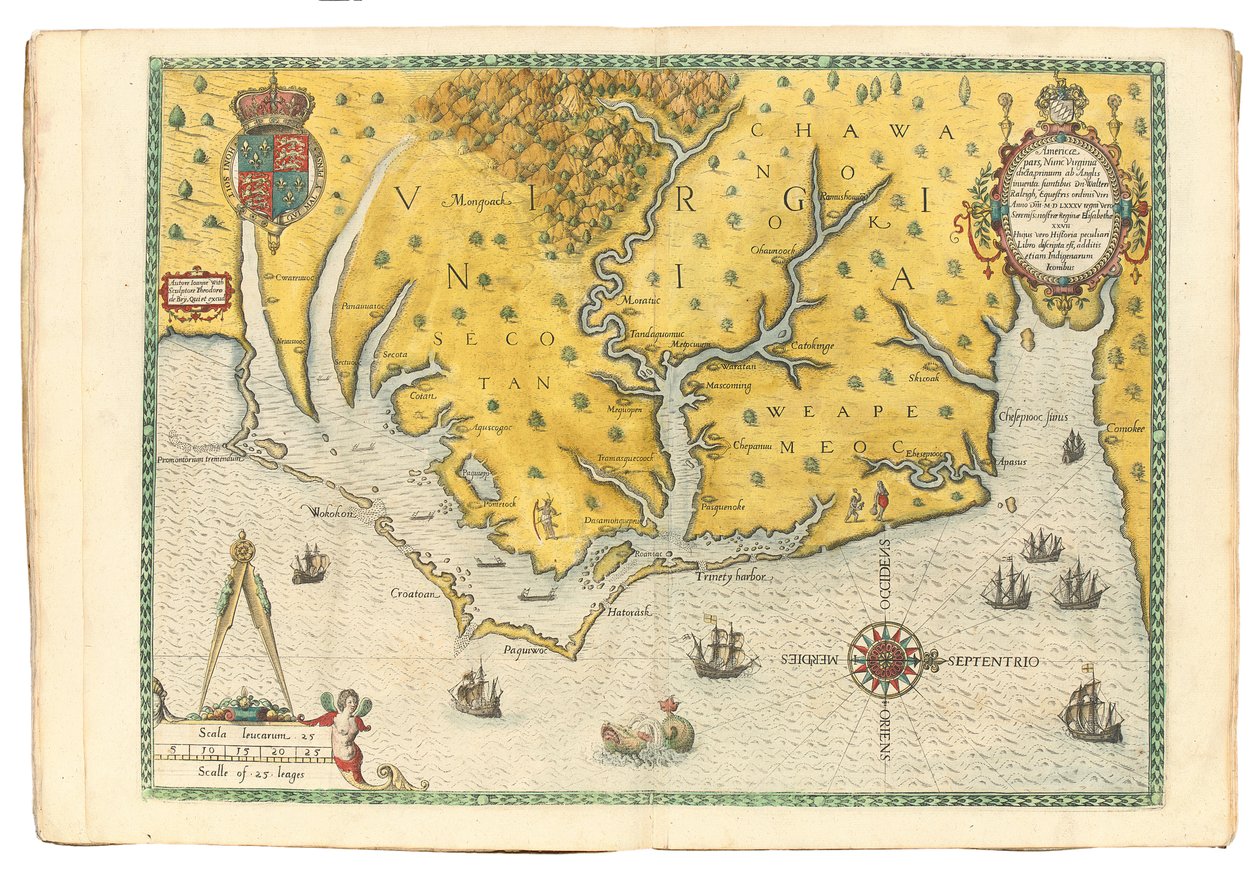 Mapa de Virginia mostrando la llegada de la expedición de Sir Walter Raleigh en 1585, 1590 de John White