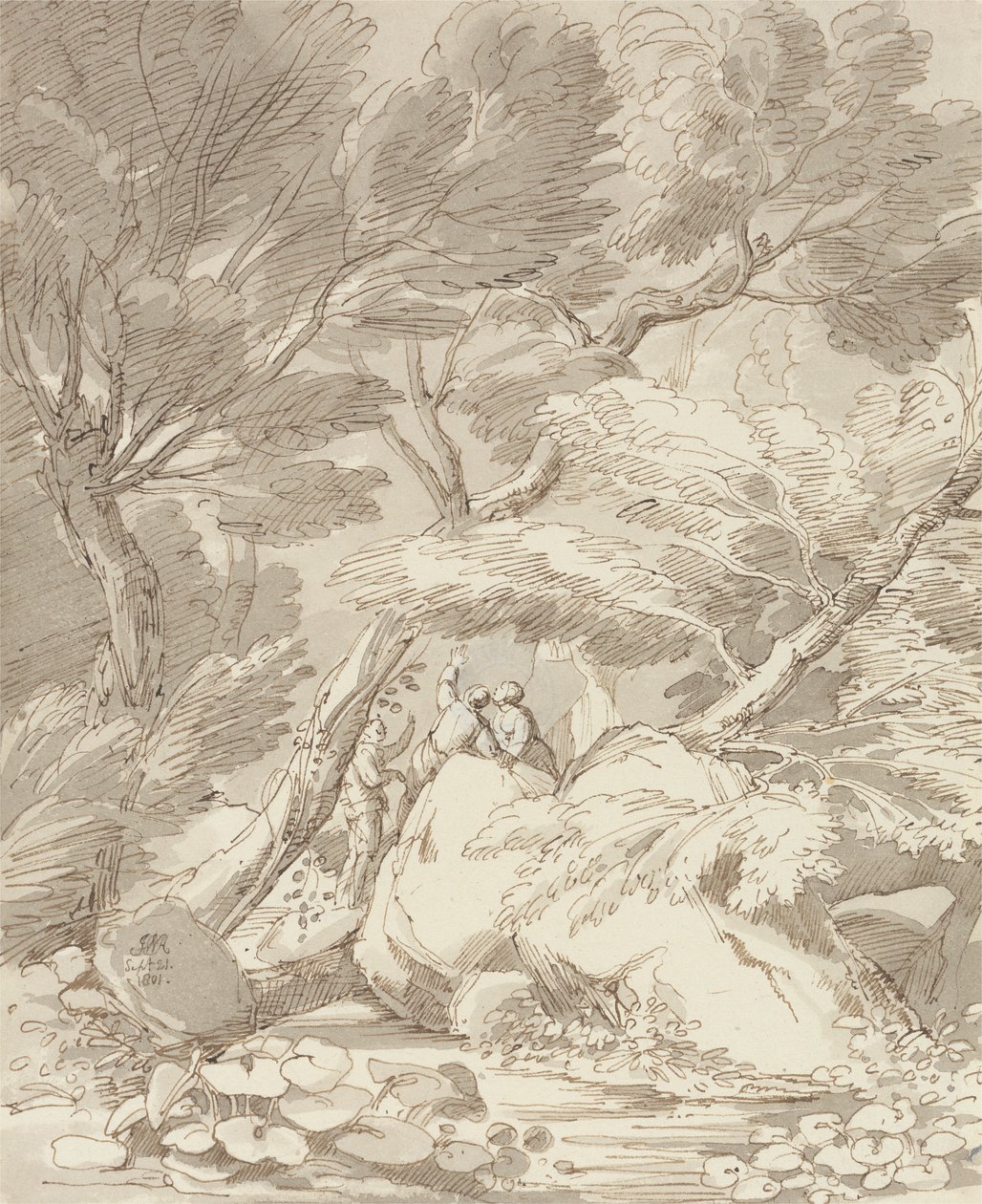 Figuras en la orilla de un río rocoso en Canonteign, Devon de John White Abbott