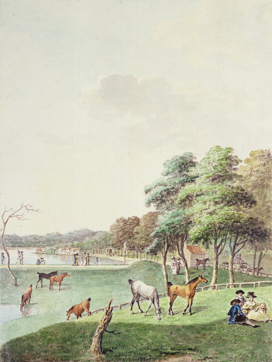 El extremo este del Serpentine, y una vista distante de la Casa de Baños, 1794 de John White Abbott