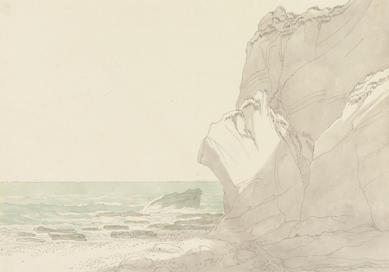 The Warren, cerca de Exmouth, Devon: acantilados escarpados a la derecha, mar y costa rocosa a la izquierda de John White Abbott