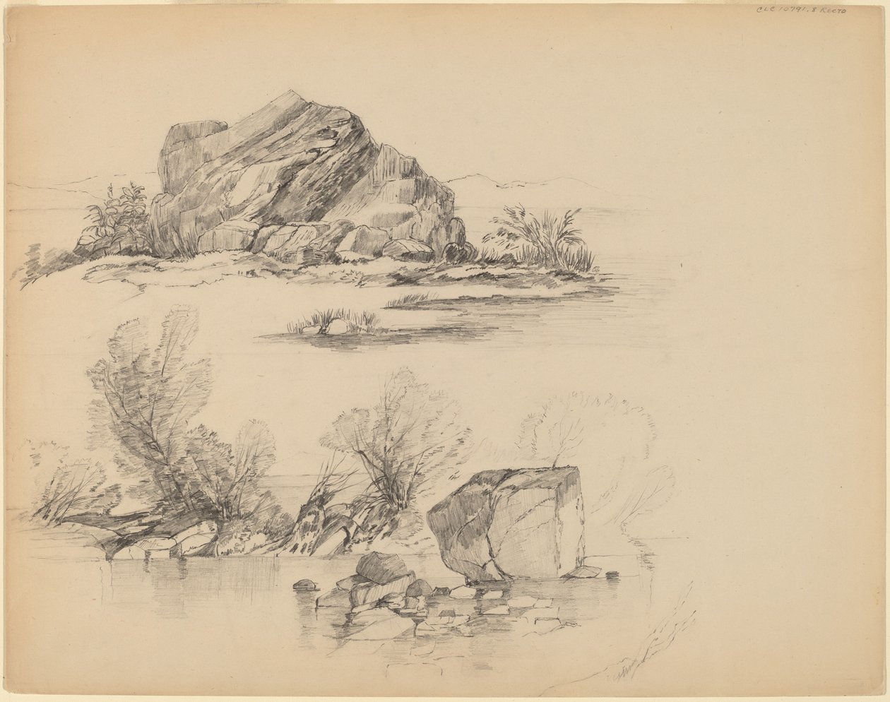 Rocas a lo largo de una orilla del lago [recto] de John William Casilear