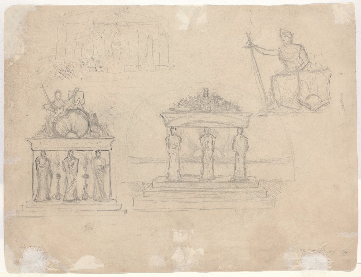 Estudios de fachadas de templos clásicos y figura femenina sentada [verso] de John William Casilear
