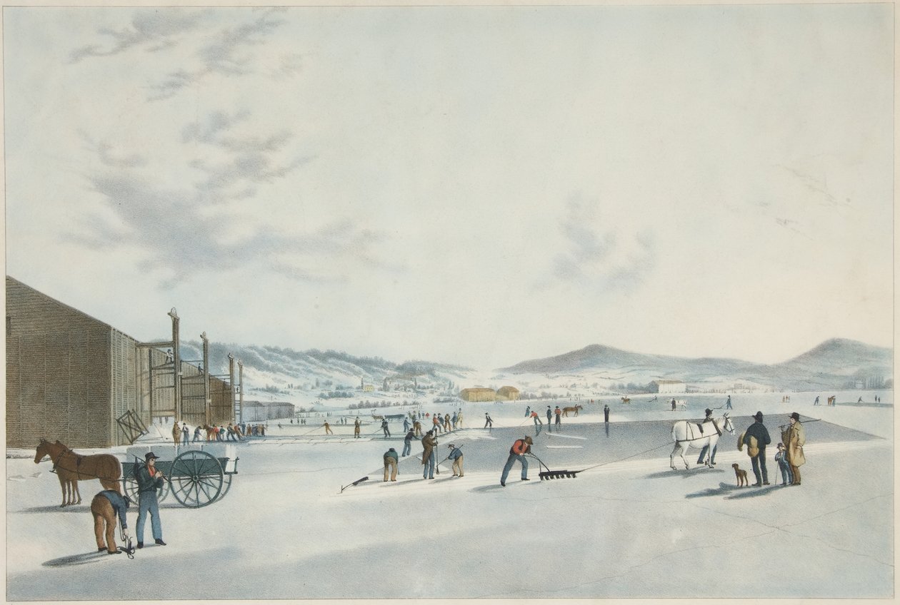 Rockland Lake - Cortando hielo. Vista desde el noreste, pub. 1849 de John William Hill