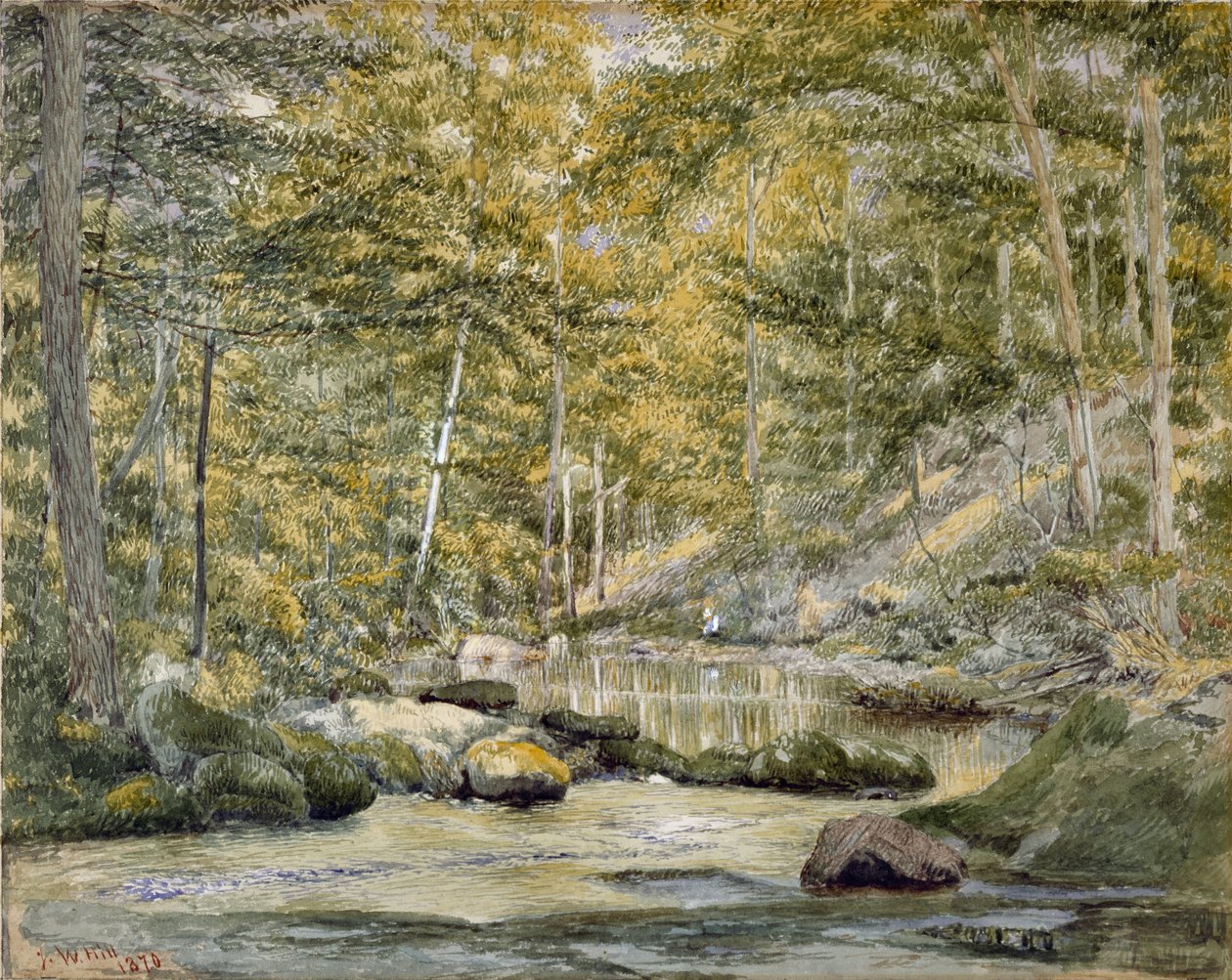 Charca en el bosque con hombres pescando, 1870 de John William Hill