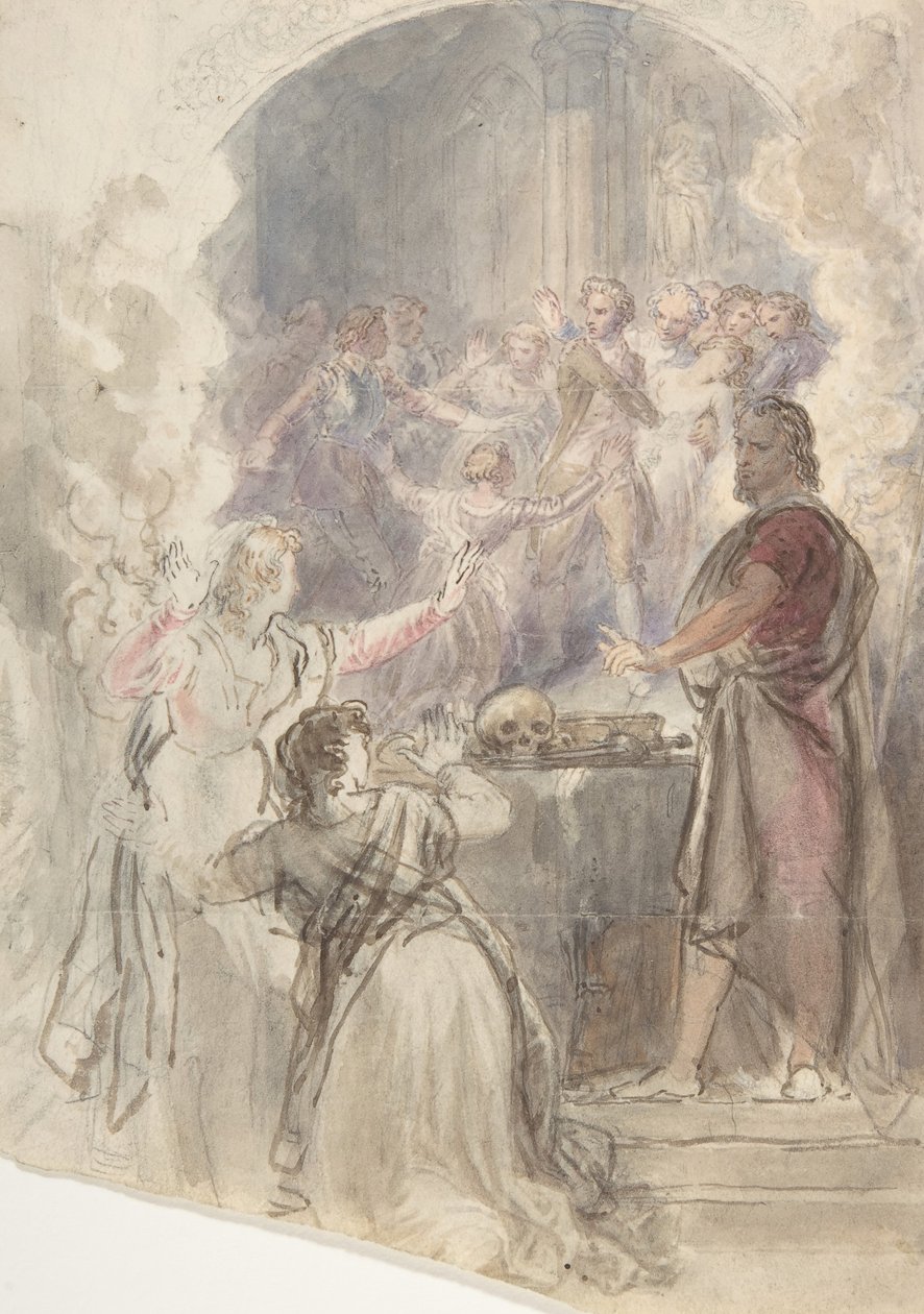 Escena de El espejo de mi tía Margaret, historia de Keepsake por Sir Walter Scott, ca. 1828 de John William Wright