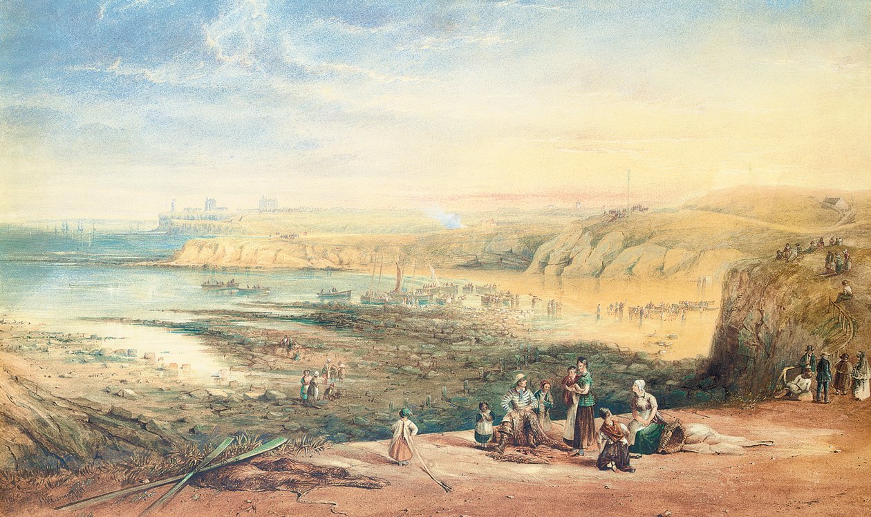 Cullercoats mirando hacia Tynemouth, Northumberland, con pescadores en primer plano, 1836 de John Wilson Carmichael