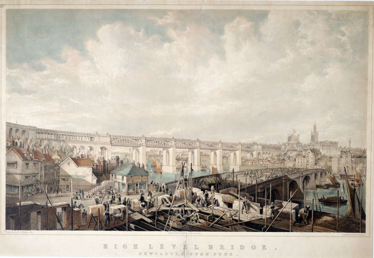 Puente de alto nivel, Newcastle upon Tyne, grabado por George Hawkins de John Wilson Carmichael