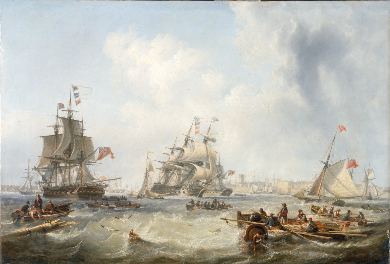 Buques de guerra frente al puerto de Portsmouth de John Wilson Carmichael