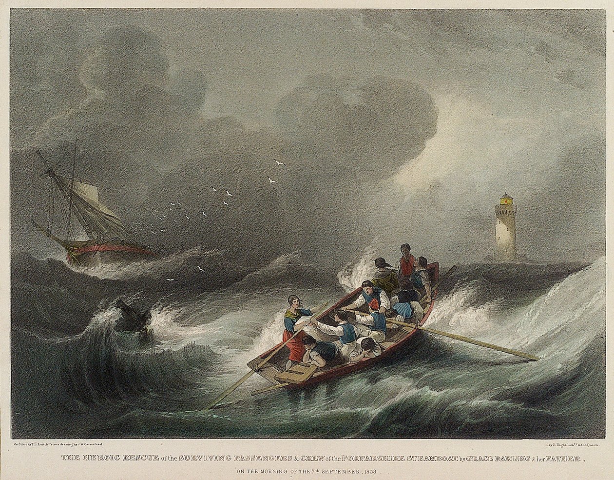El heroico rescate de los pasajeros y la tripulación del buque de vapor Forfarshire, por Grace Darling y su padre, en la mañana del 7 de septiembre. de John Wilson Carmichael