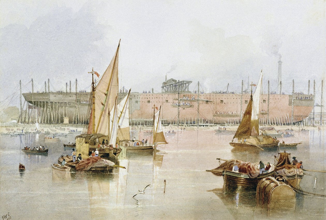 El transatlántico "Great Eastern", en 1857, antes de finalizar su construcción, en Millwall, en el Támesis (Inglaterra). de John Wilson Carmichael