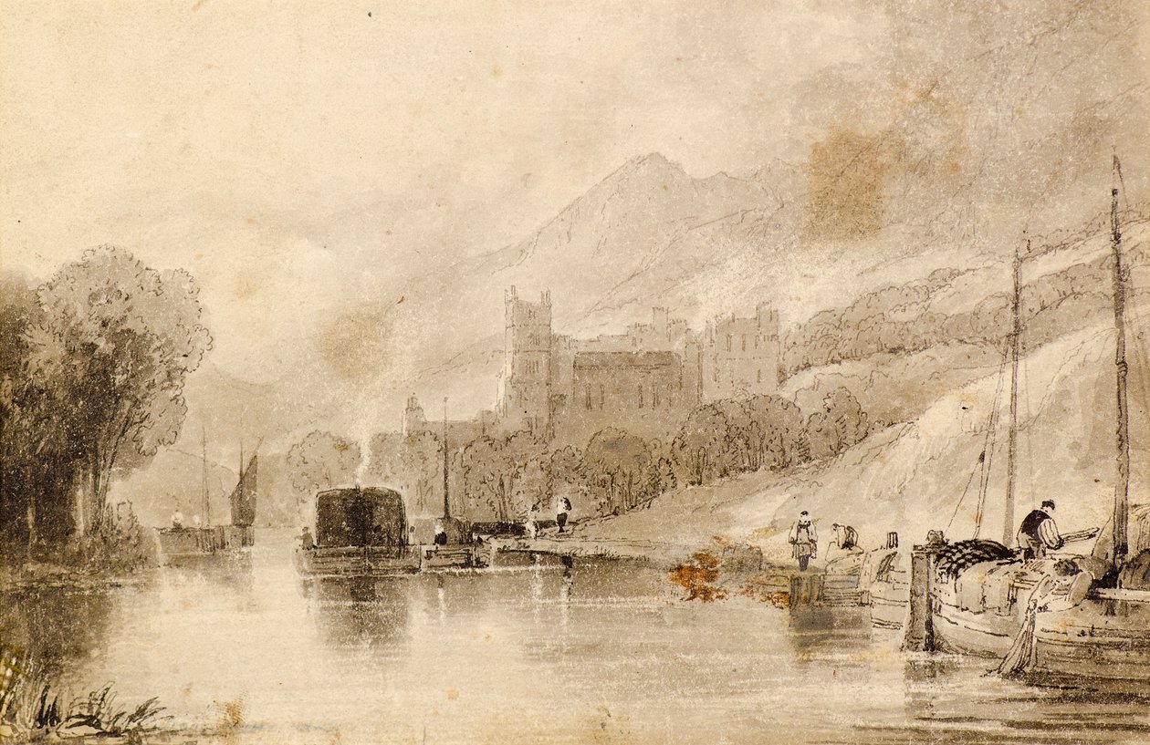 Escena fluvial con barcazas y castillo en ruinas de John Wilson Ewbank