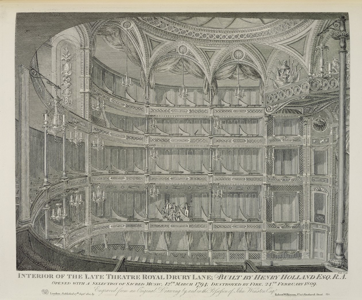 Interior del Antiguo Teatro Real, Drury Lane, en Londres, Construido por Henry Holland, 1794, Destruido por el Fuego en 1809, grabado por Dale, 1820 de John Winston
