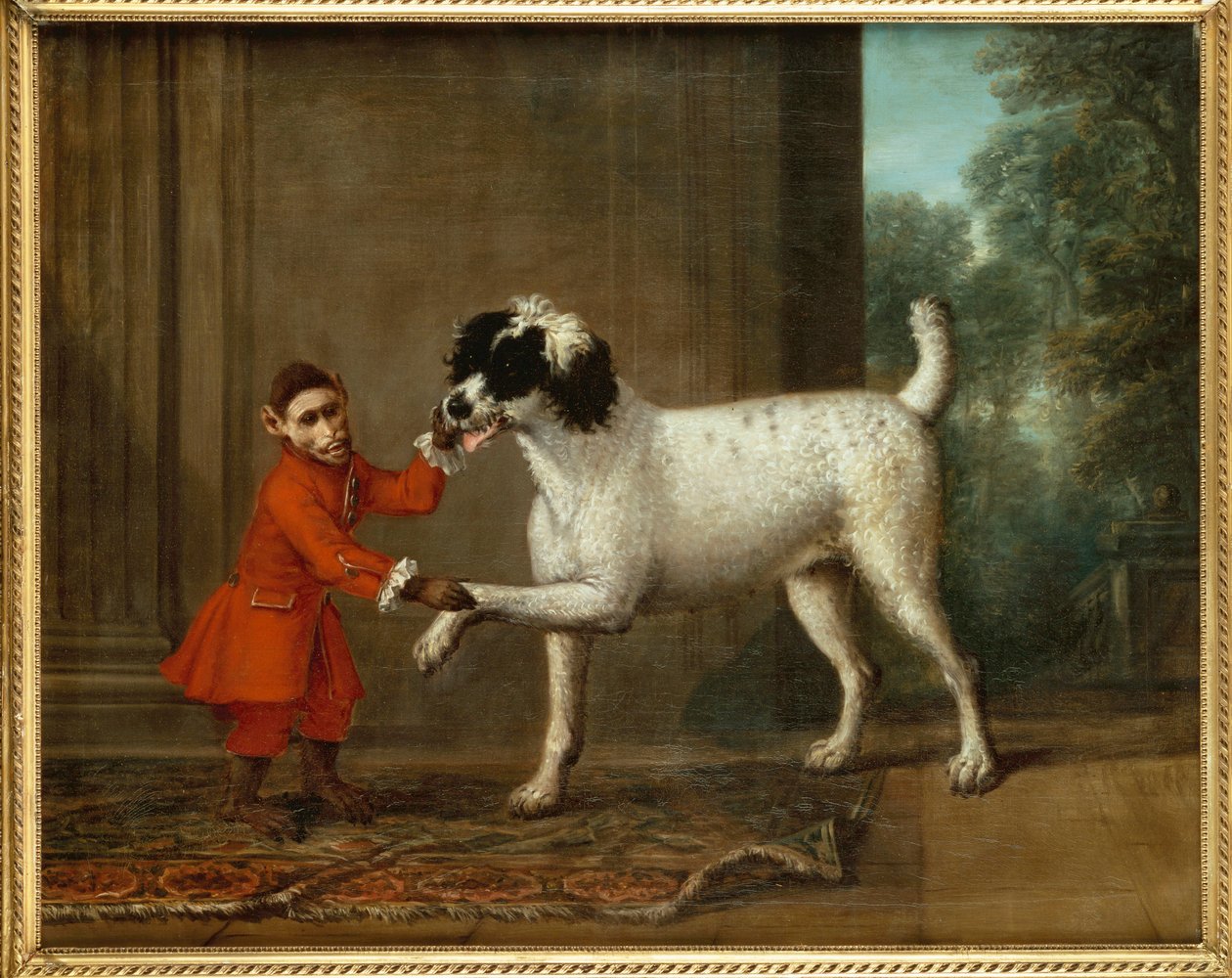 Un mono con librea carmesí bailando con un caniche en la terraza de una casa de campo de John Wootton