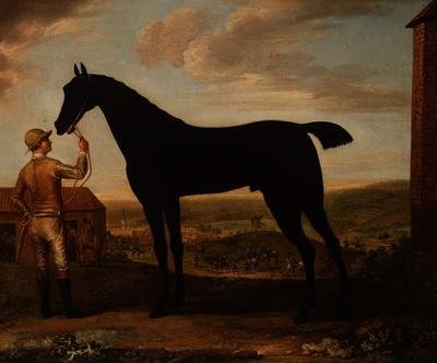 "Basto", caballo de carreras oscuro sostenido por un mozo fuera del establo en Newmarket de John Wootton