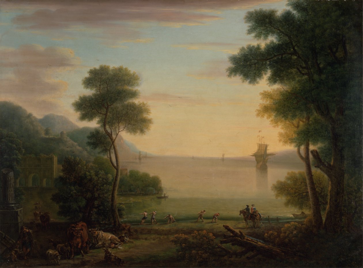 Paisaje clásico con figuras y animales: Puesta de sol de John Wootton