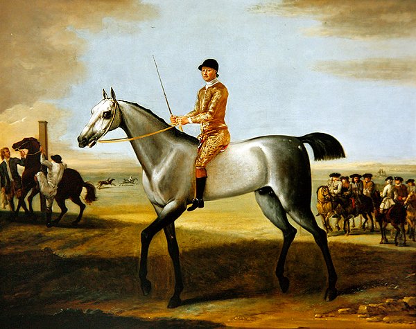 El célebre caballo de carreras gris Coneyskins del Duque de Rutland con jockey en Newmarket Heath de John Wootton