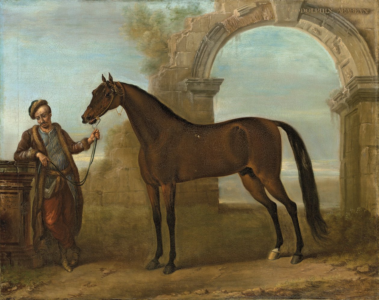 El árabe Godolphin, sostenido por un mozo, en un paisaje con un arco en ruinas, 1731 de John Wootton