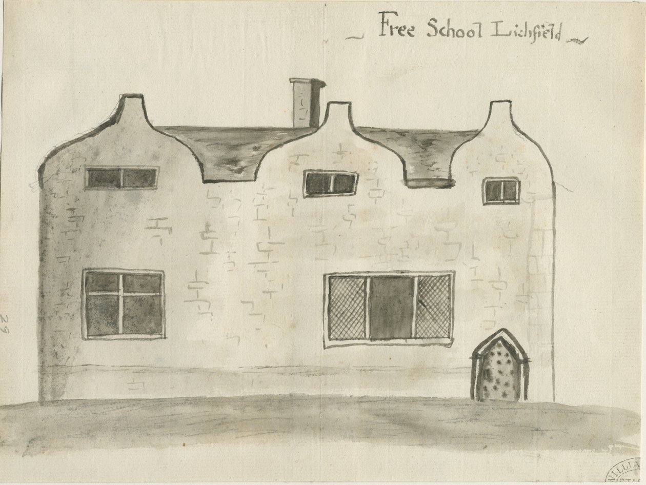 Lichfield - Escuela de Gramática: dibujo en sepia, nd [1784] de John Wright