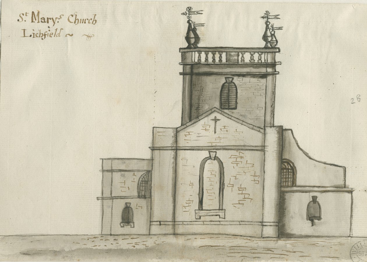 Lichfield - Iglesia de Santa María: dibujo en sepia, nd [1784] de John Wright