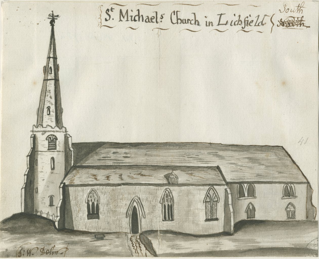 Lichfield - Iglesia de San Miguel: dibujo en sepia de John Wright